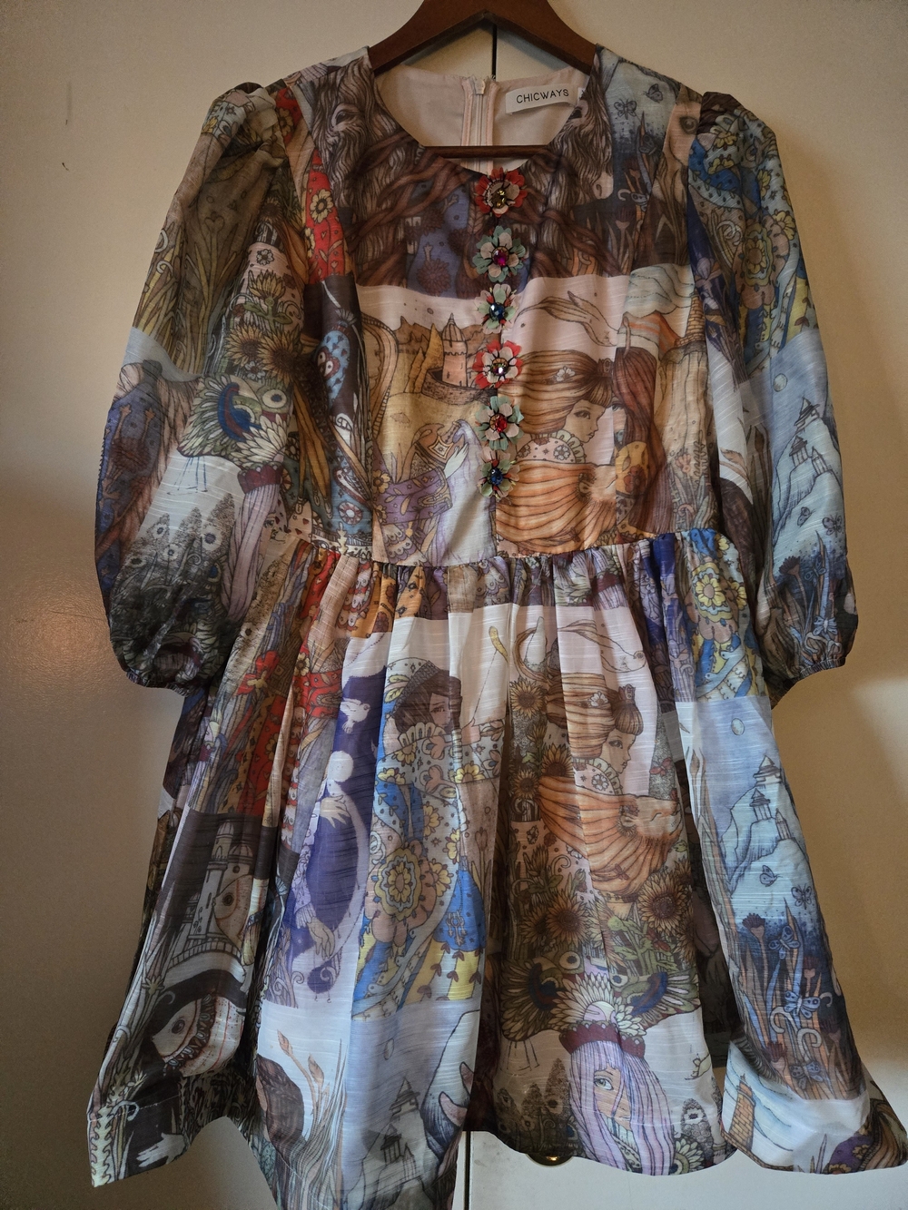 Chicways Multicolor Printed Puff-Sleeve Formal Dress